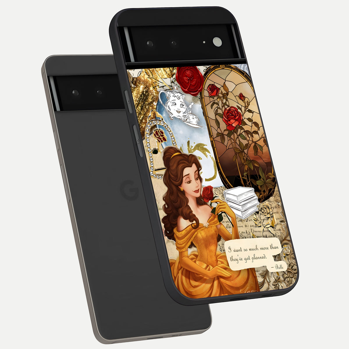  Golden Dream Belle phone case For Google Pixel 6A showing premium glass back cover with detailed artwork