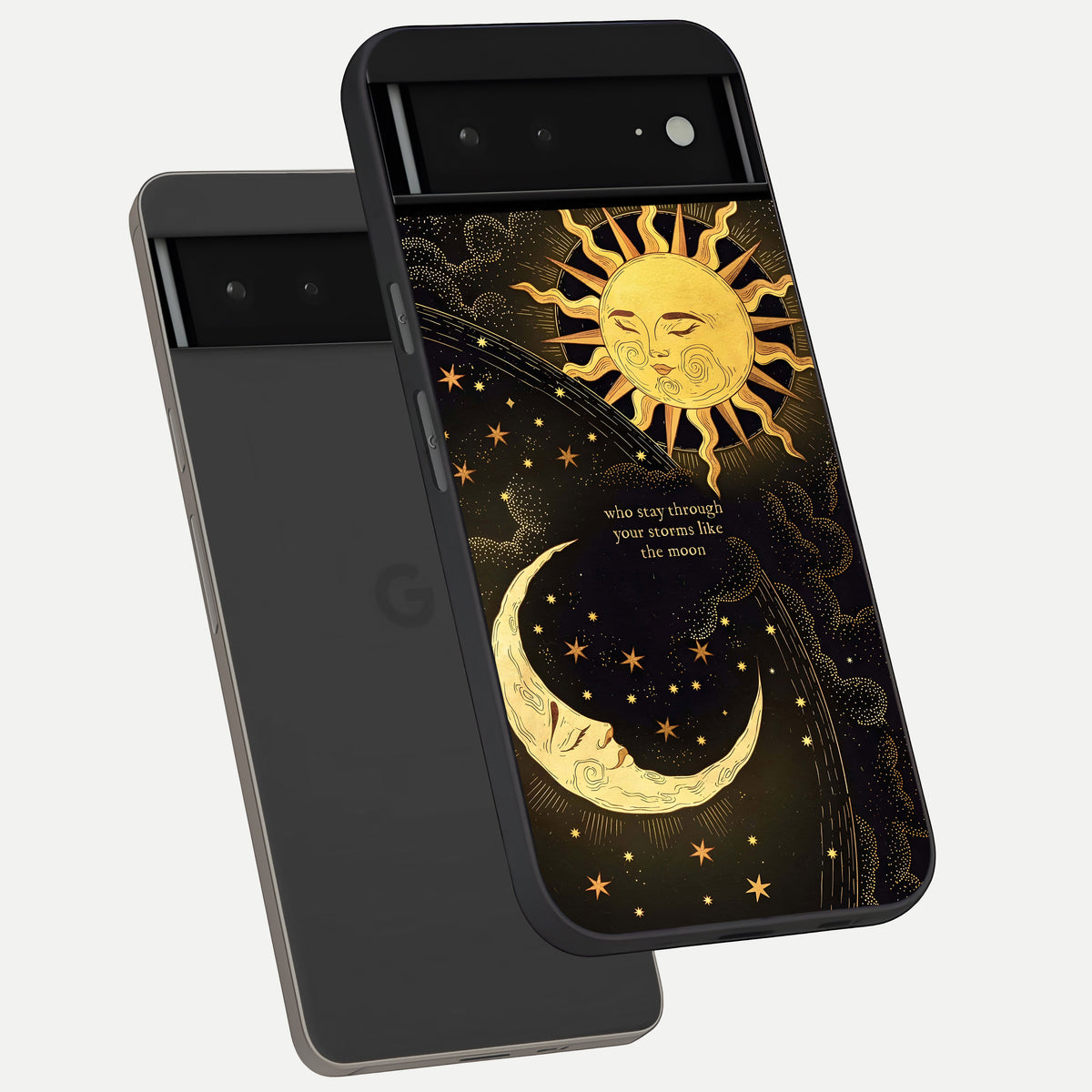  Golden Lunar Love phone case For Google Pixel 6A showing premium glass back cover with detailed artwork