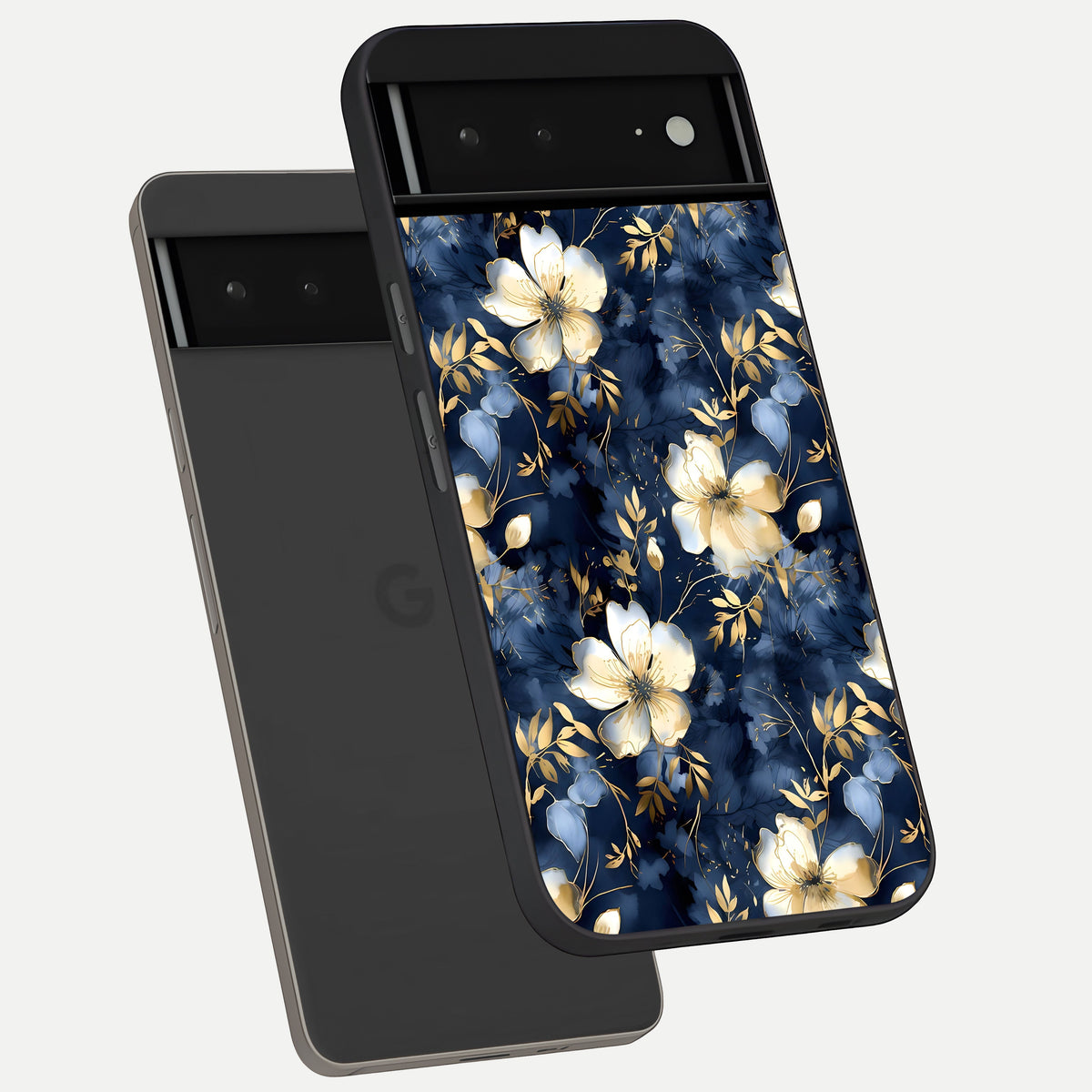  Golden Midnight Bloom phone case For Google Pixel 6A showing premium glass back cover with detailed artwork