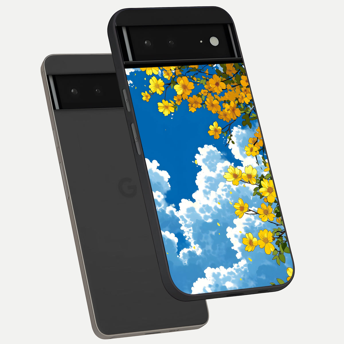  Golden Petal Sky phone case For Google Pixel 6A showing premium glass back cover with detailed artwork