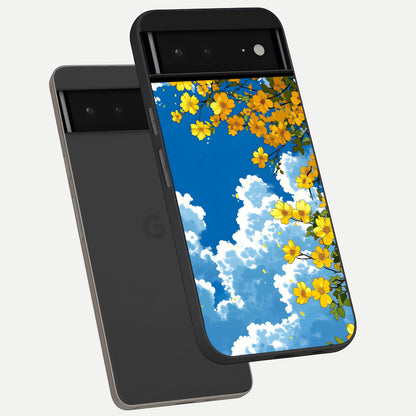  Golden Petal Sky phone case For Google Pixel 6A showing premium glass back cover with detailed artwork