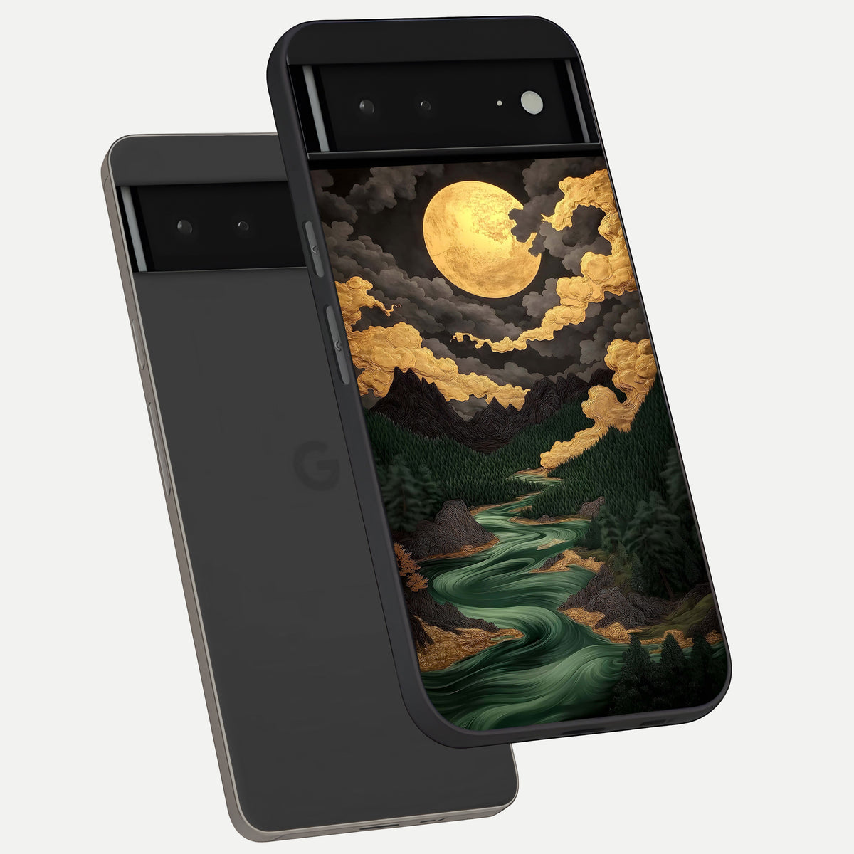  Golden River Moon phone case For Google Pixel 6A showing premium glass back cover with detailed artwork