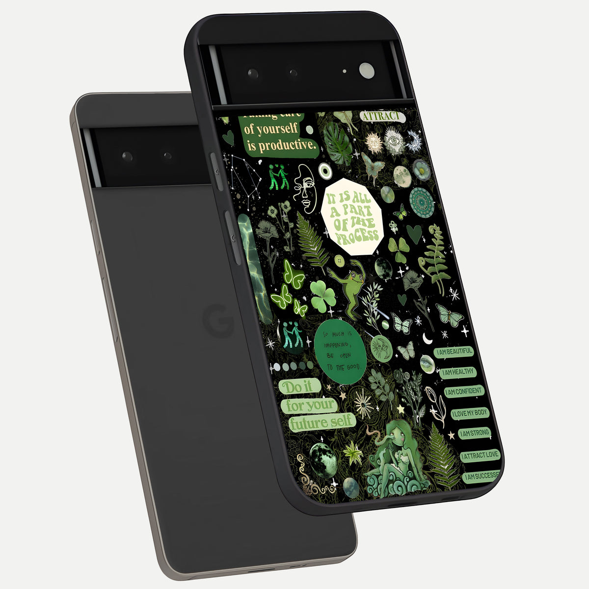  Green Mandala Pattern phone case For Google Pixel 6A showing premium glass back cover with detailed artwork