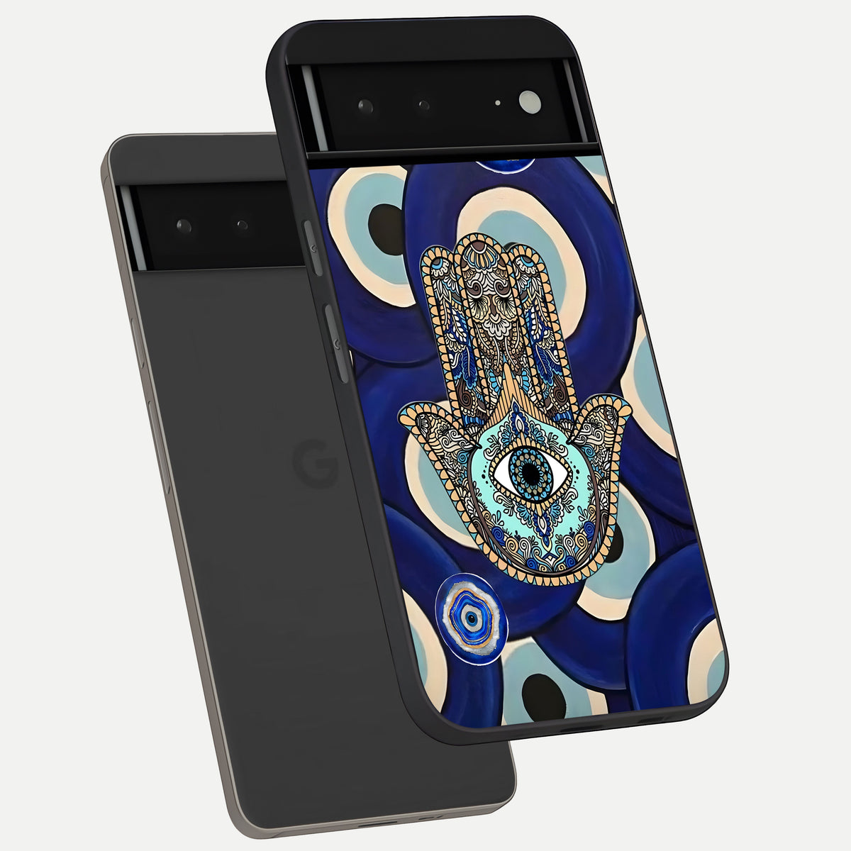 Hamsa Divine Guard phone case For Google Pixel 6A showing premium glass back cover with detailed artwork