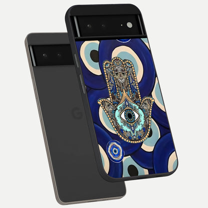  Hamsa Divine Guard phone case For Google Pixel 6A showing premium glass back cover with detailed artwork