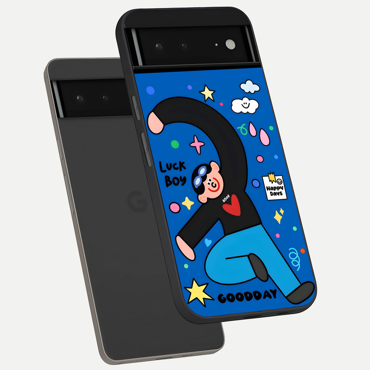  Happy Luck Vibe phone case For Google Pixel 6A showing premium glass back cover with detailed artwork