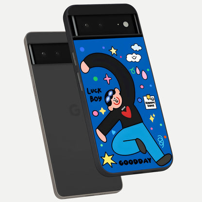  Happy Luck Vibe phone case For Google Pixel 6A showing premium glass back cover with detailed artwork