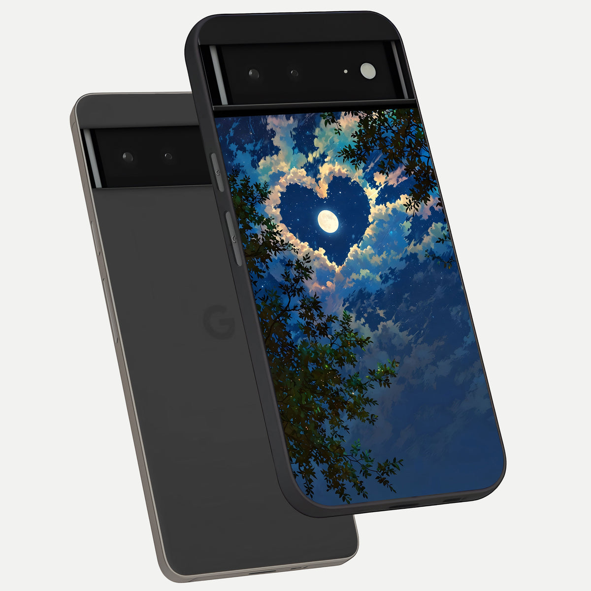  Heart With Moon Sky phone case For Google Pixel 6A showing premium glass back cover with detailed artwork