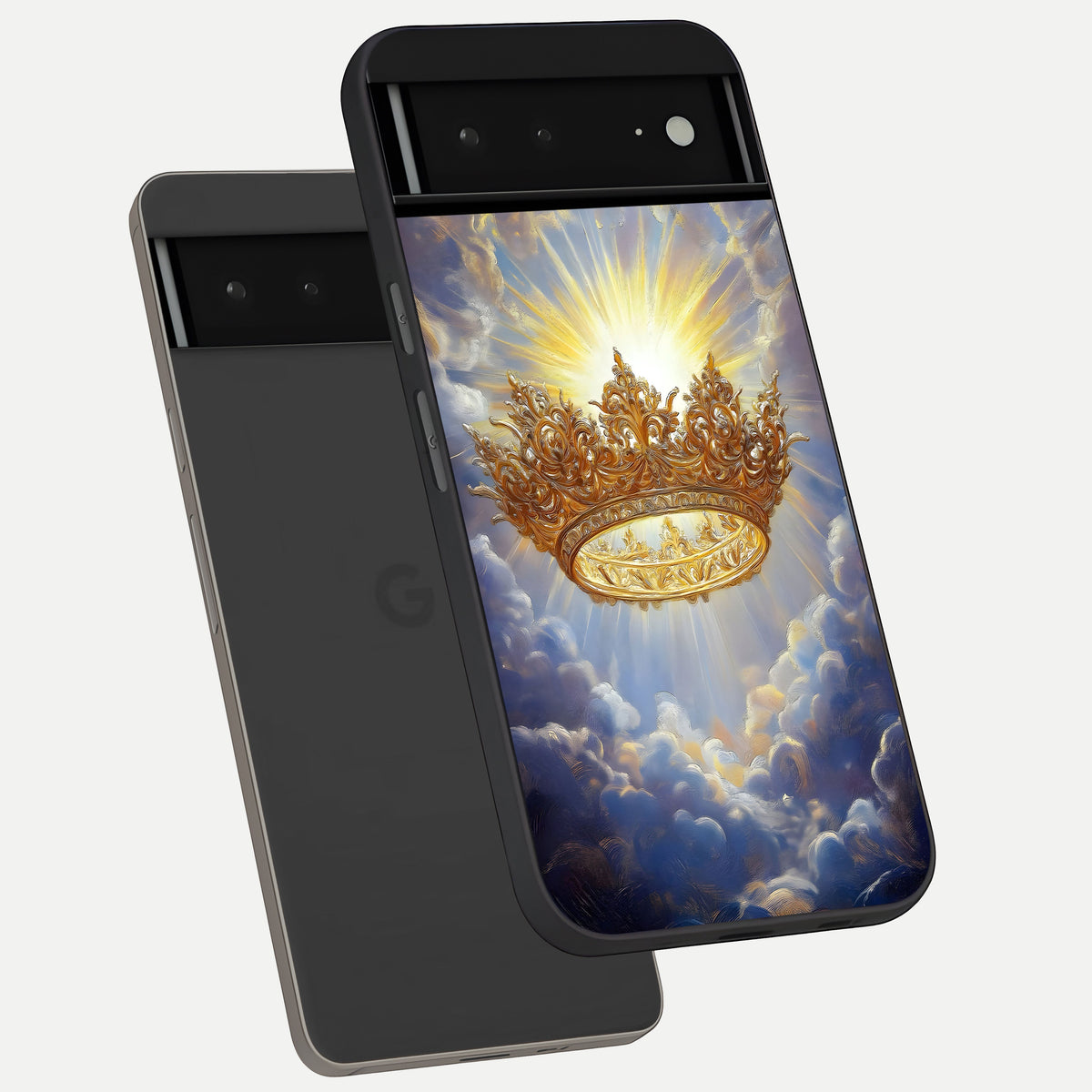  Heavenly Crown Light phone case For Google Pixel 6A showing premium glass back cover with detailed artwork