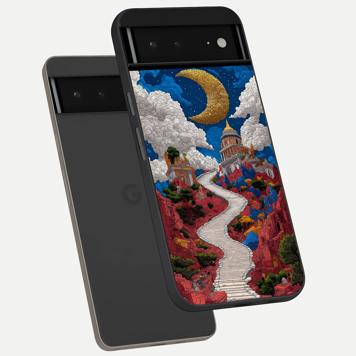  Heavenly Moon Path phone case For Google Pixel 6A showing premium glass back cover with detailed artwork