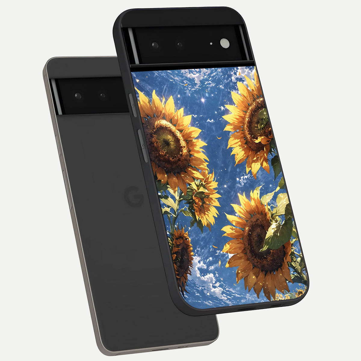  Heavenly Sunflower Rise phone case For Google Pixel 6A showing premium glass back cover with detailed artwork