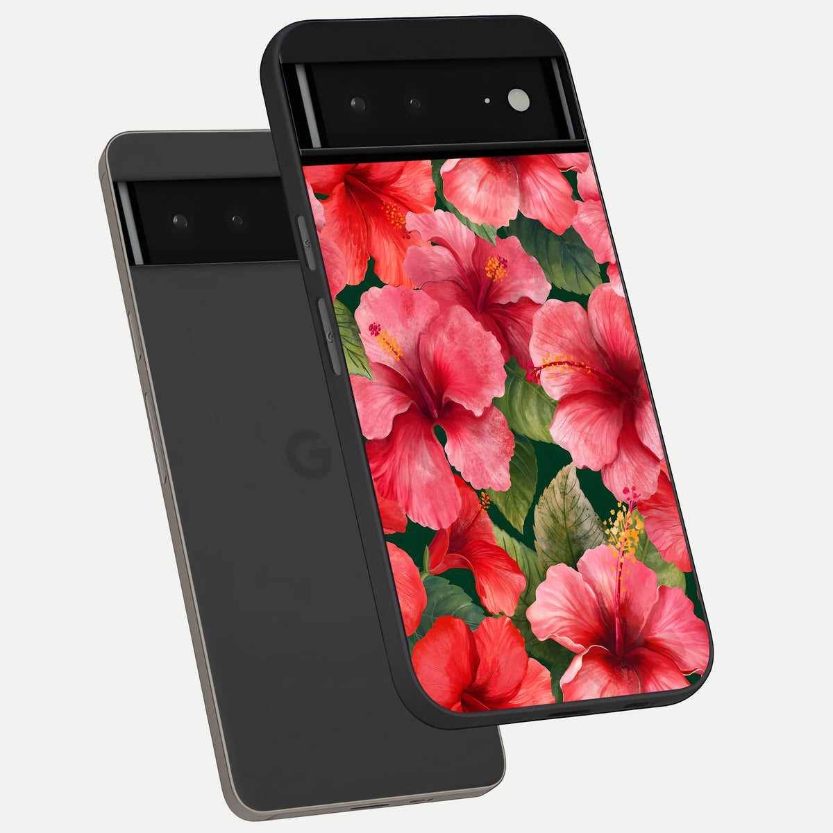  Hibiscus Pattern phone case For Google Pixel 6A showing premium glass back cover with detailed artwork