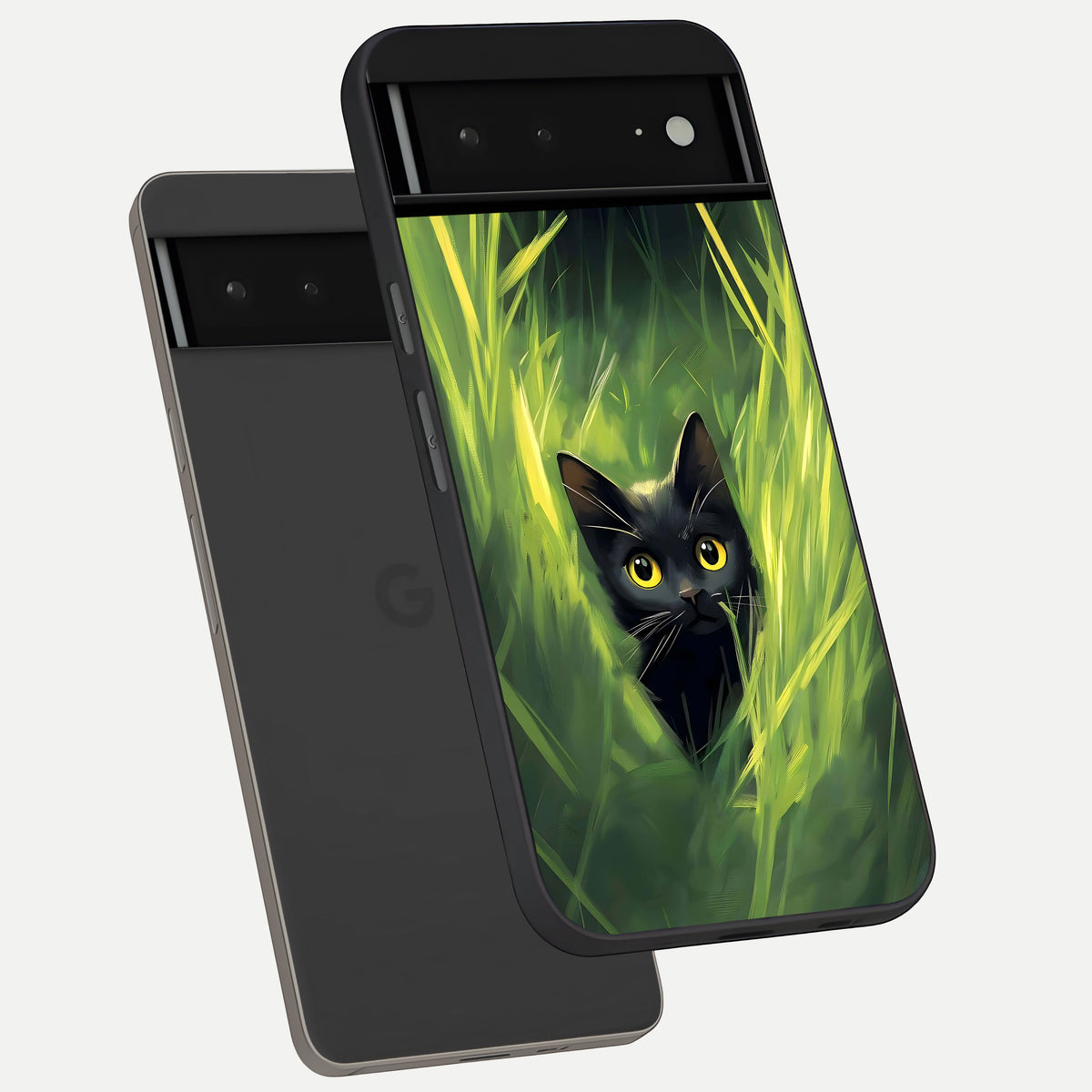  Hidden Cat Whisper phone case For Google Pixel 6A showing premium glass back cover with detailed artwork