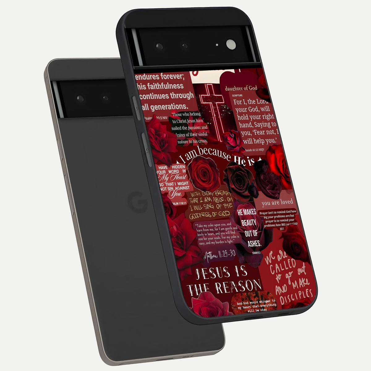  Jesus Love Heals phone case For Google Pixel 6A showing premium glass back cover with detailed artwork