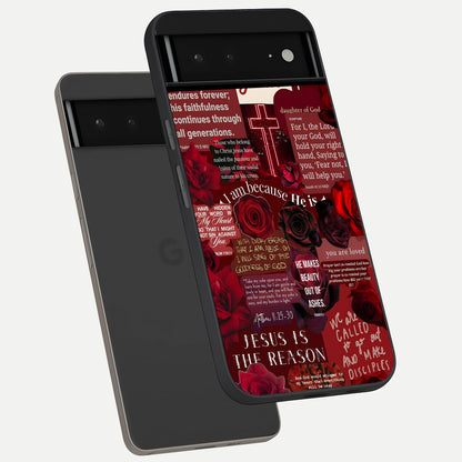  Jesus Love Heals phone case For Google Pixel 6A showing premium glass back cover with detailed artwork