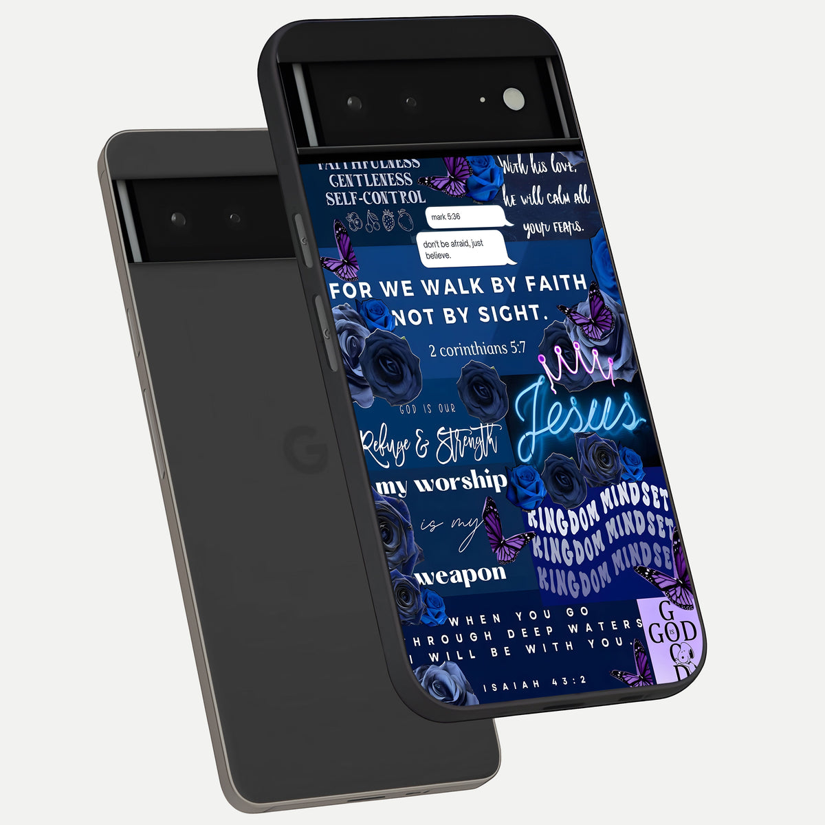  Kingdom Faith Glow phone case For Google Pixel 6A showing premium glass back cover with detailed artwork