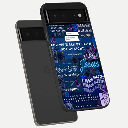  Kingdom Faith Glow phone case For Google Pixel 6A showing premium glass back cover with detailed artwork