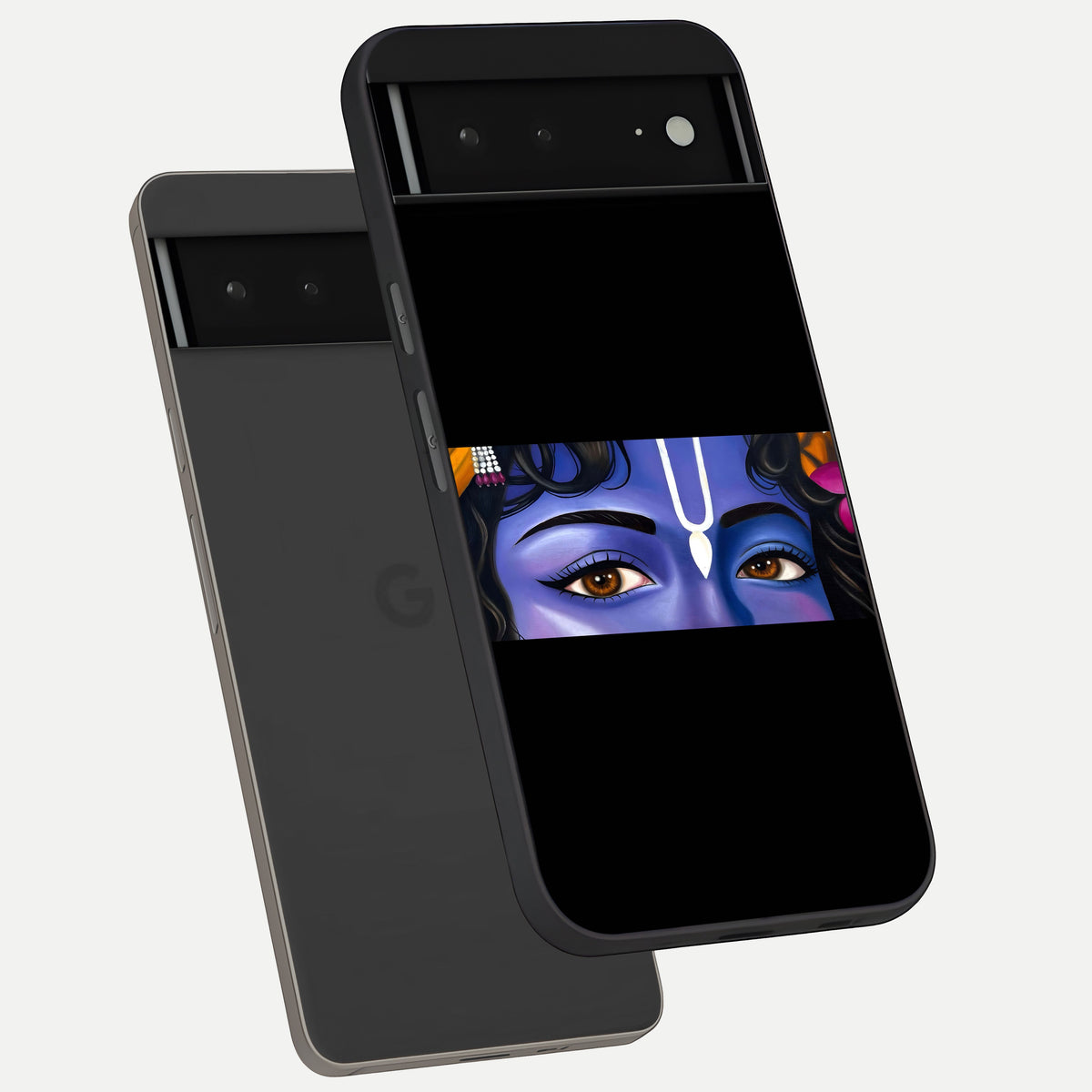  Krishna Eye phone case For Google Pixel 6A showing premium glass back cover with detailed artwork
