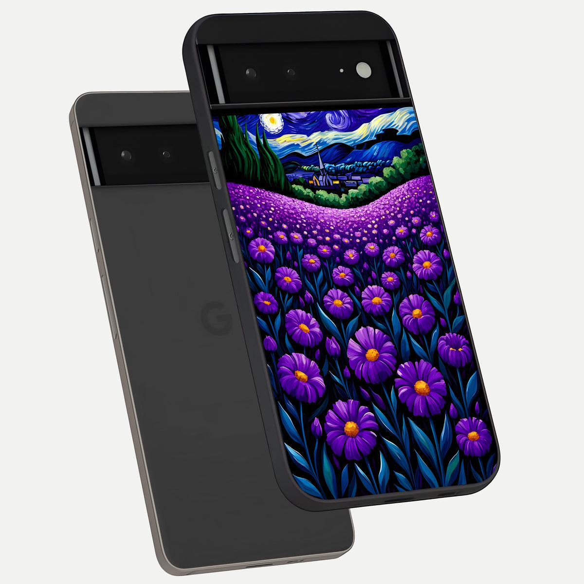  Lavender Moon Field phone case For Google Pixel 6A showing premium glass back cover with detailed artwork