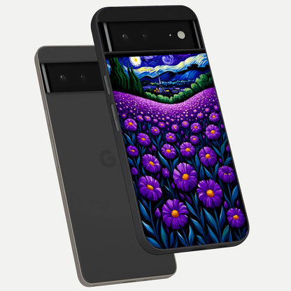  Lavender Moon Field phone case For Google Pixel 6A showing premium glass back cover with detailed artwork