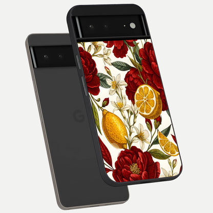  Lemon Rose Charm phone case For Google Pixel 6A showing premium glass back cover with detailed artwork