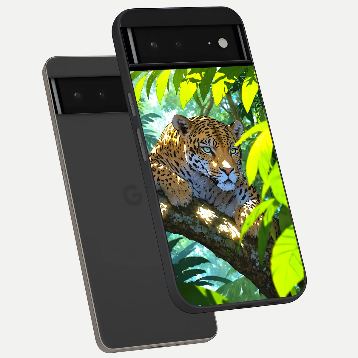  Leopard in Jungle phone case For Google Pixel 6A showing premium glass back cover with detailed artwork