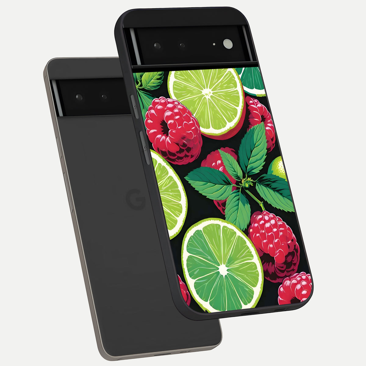  Lime and Raspberry Pattern phone case For Google Pixel 6A showing premium glass back cover with detailed artwork
