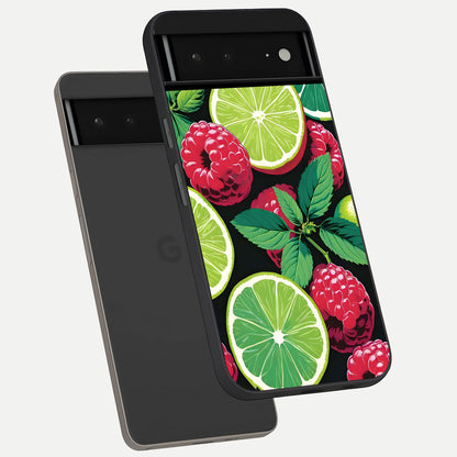  Lime and Raspberry Pattern phone case For Google Pixel 6A showing premium glass back cover with detailed artwork