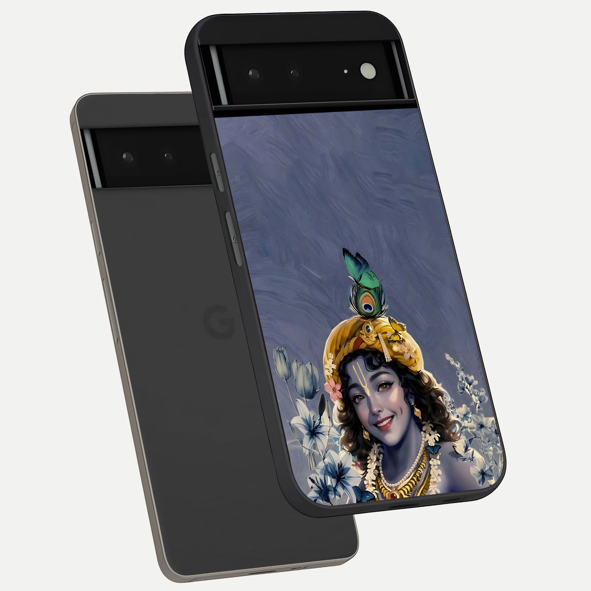  Lord Krishna phone case For Google Pixel 6A showing premium glass back cover with detailed artwork