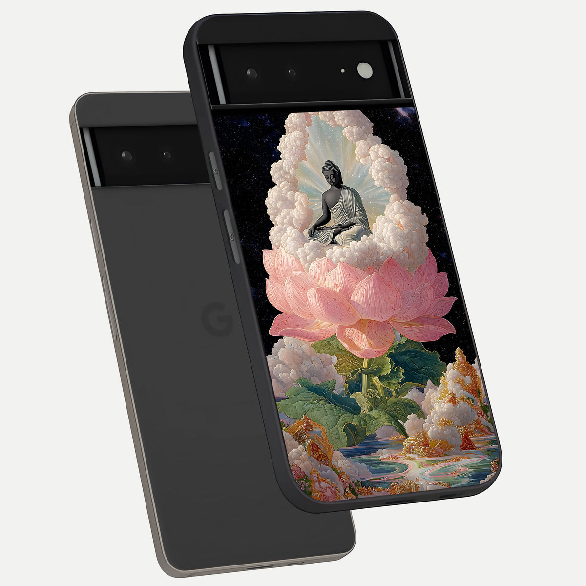  Lotus Divine Peace phone case For Google Pixel 6A showing premium glass back cover with detailed artwork