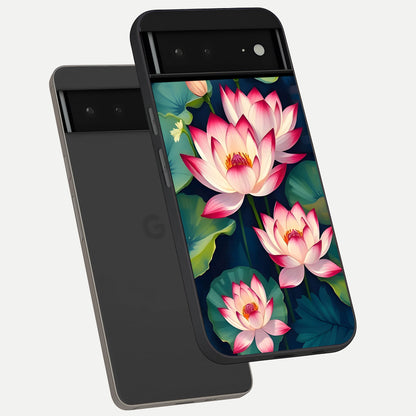  Lotus Dream Serenity phone case For Google Pixel 6A showing premium glass back cover with detailed artwork