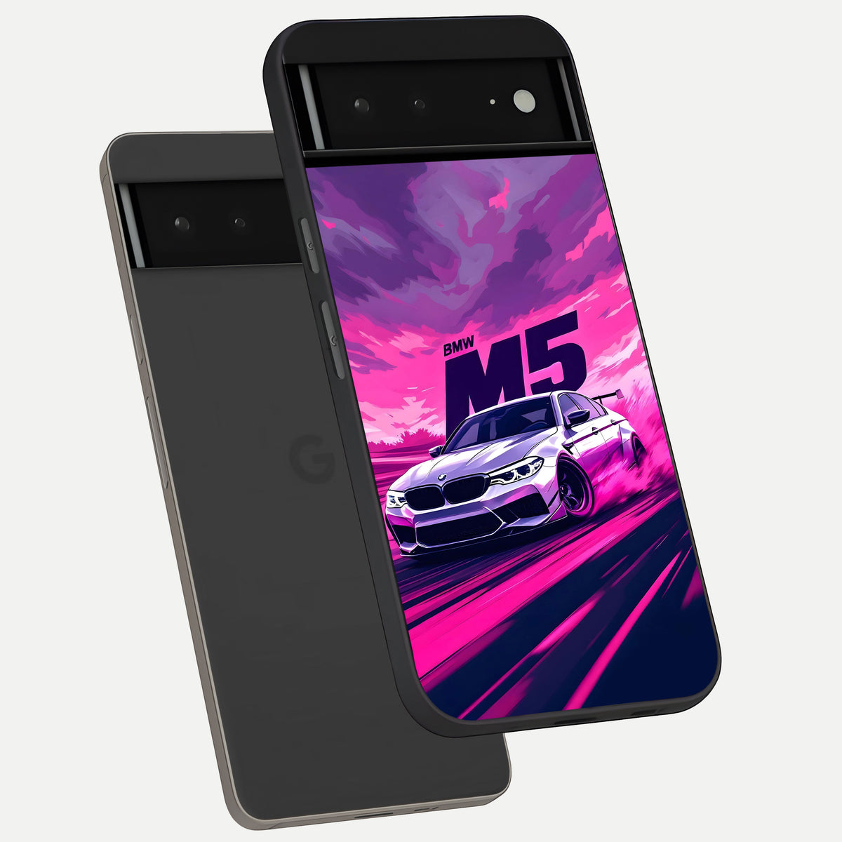  MS Neon Car phone case For Google Pixel 6A showing premium glass back cover with detailed artwork