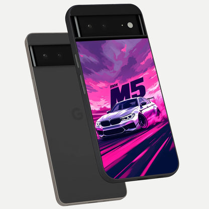  MS Neon Car phone case For Google Pixel 6A showing premium glass back cover with detailed artwork