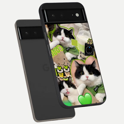  Matcha Cats Mood phone case For Google Pixel 6A showing premium glass back cover with detailed artwork