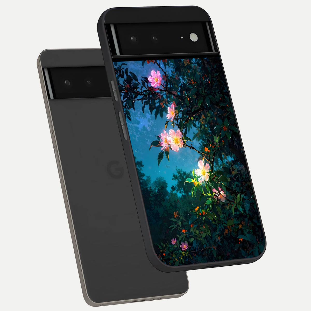  Midnight Bloom Glow phone case For Google Pixel 6A showing premium glass back cover with detailed artwork