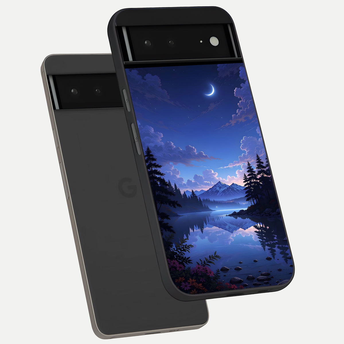  Midnight Lake Peace phone case For Google Pixel 6A showing premium glass back cover with detailed artwork