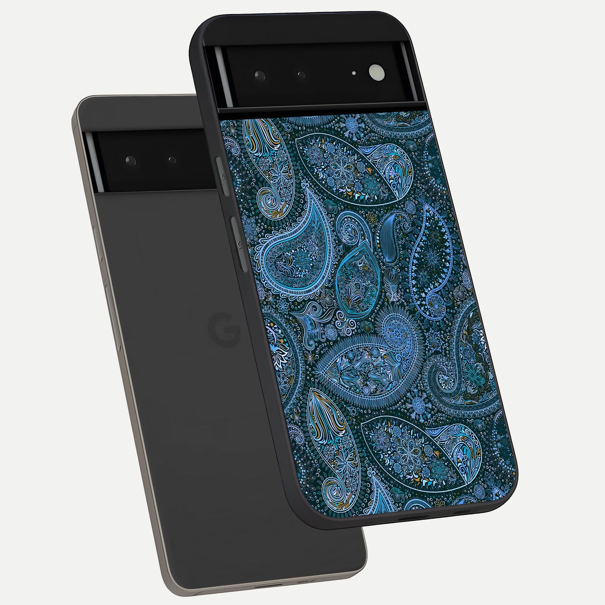  Midnight Paisley Glow phone case For Google Pixel 6A showing premium glass back cover with detailed artwork