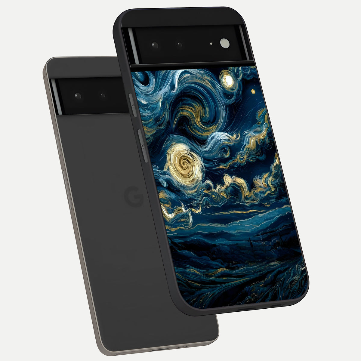  Midnight Sky Whirl phone case For Google Pixel 6A showing premium glass back cover with detailed artwork