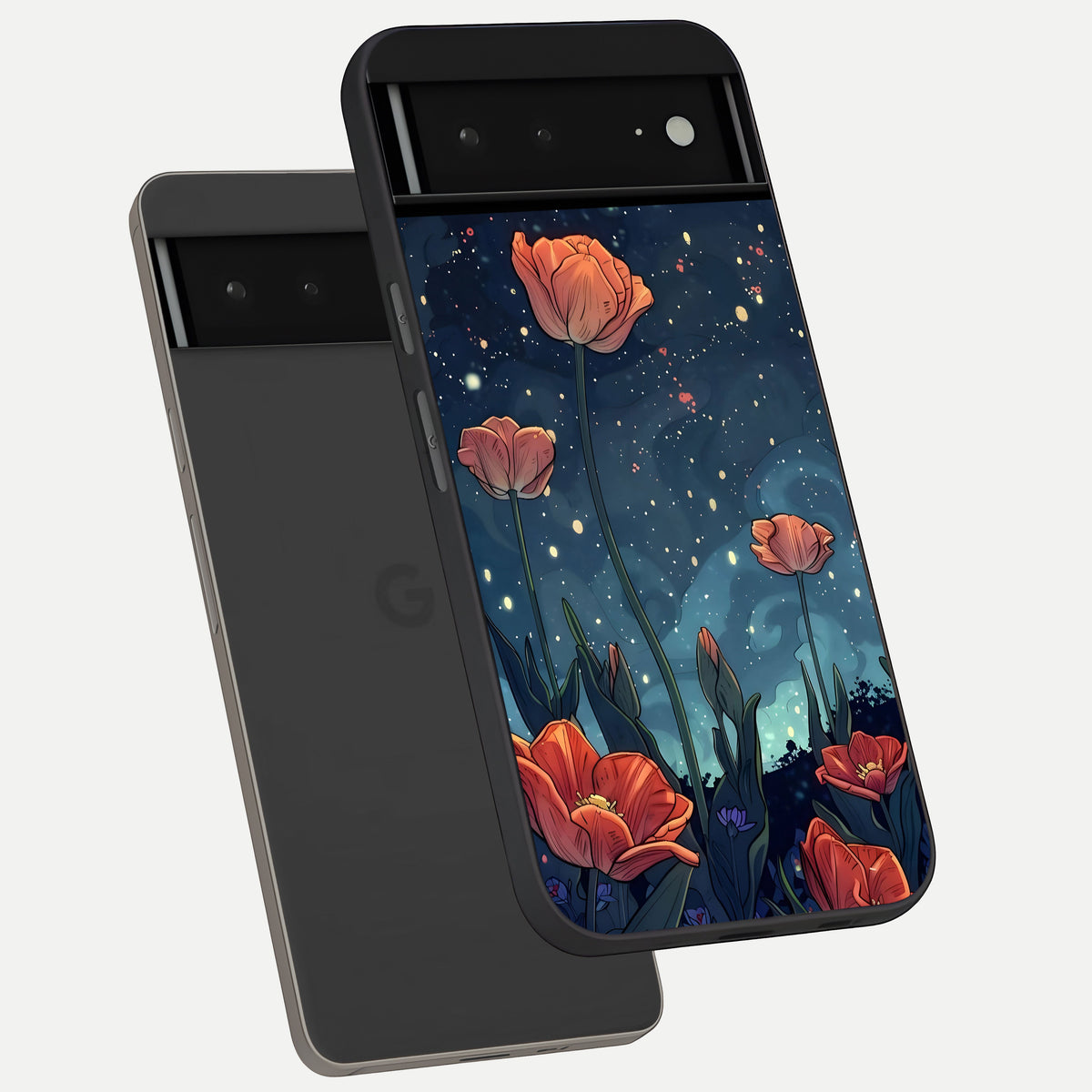  Midnight Tulip Glow phone case For Google Pixel 6A showing premium glass back cover with detailed artwork
