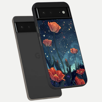  Midnight Tulip Glow phone case For Google Pixel 6A showing premium glass back cover with detailed artwork