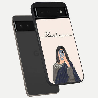  Mirror Mood Muse With Custom Name phone case For Google Pixel 6A showing premium glass back cover with detailed artwork