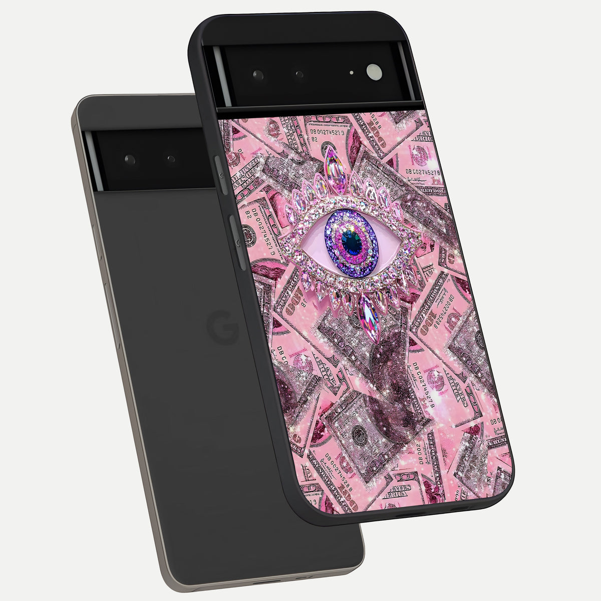  Money Eye Luxe phone case For Google Pixel 6A showing premium glass back cover with detailed artwork