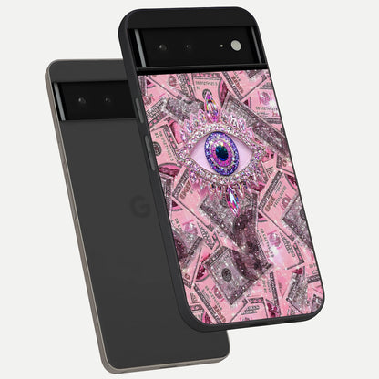  Money Eye Luxe phone case For Google Pixel 6A showing premium glass back cover with detailed artwork