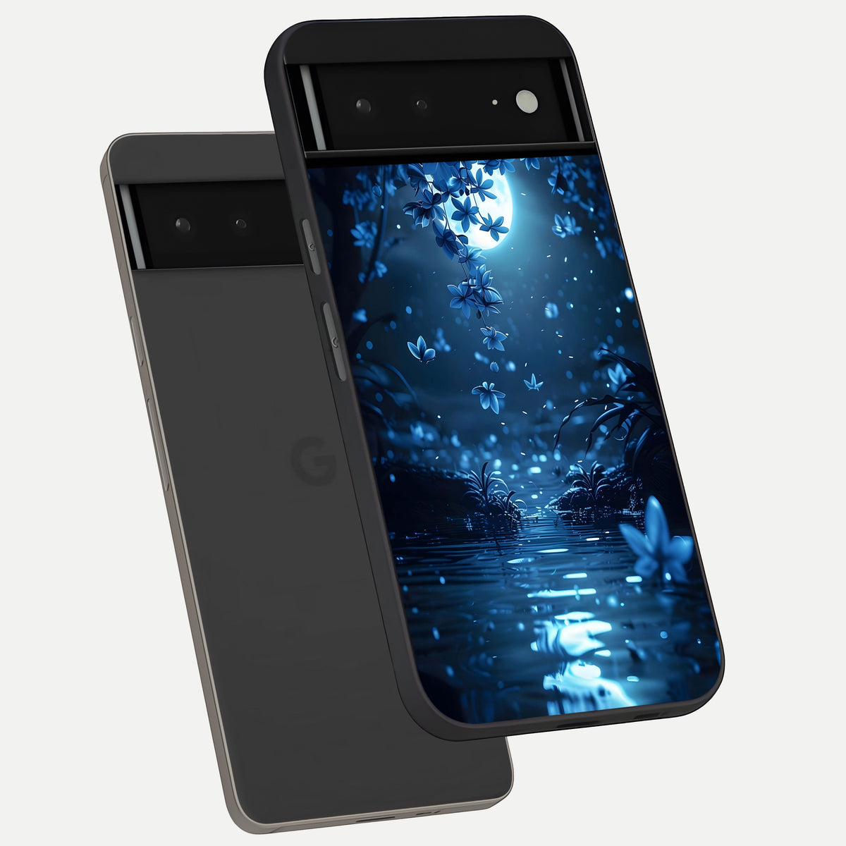  Moonlight Petal Dream phone case For Google Pixel 6A showing premium glass back cover with detailed artwork