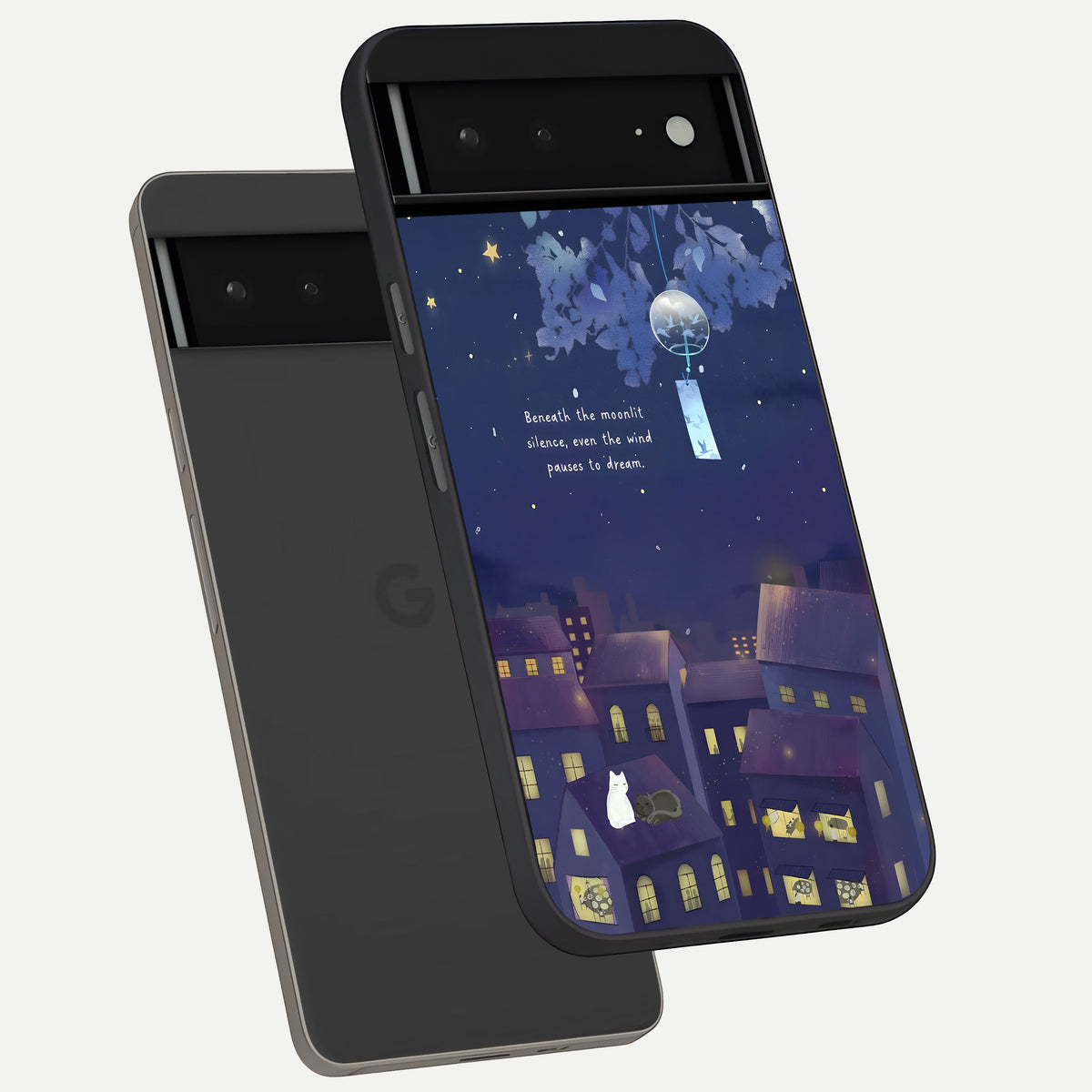  Moonlit Cat Silence phone case For Google Pixel 6A showing premium glass back cover with detailed artwork