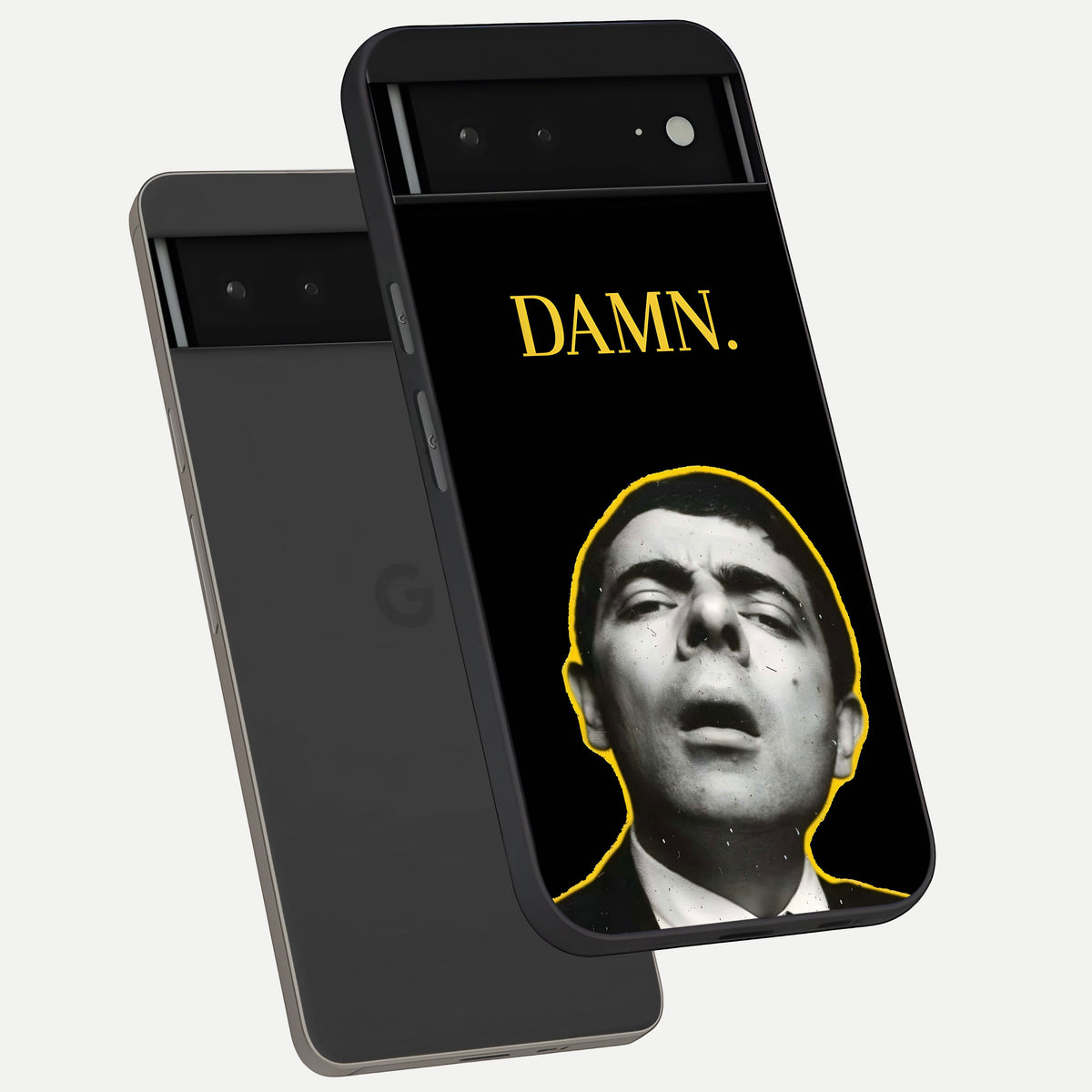  Mr Bean Damn phone case For Google Pixel 6A showing premium glass back cover with detailed artwork
