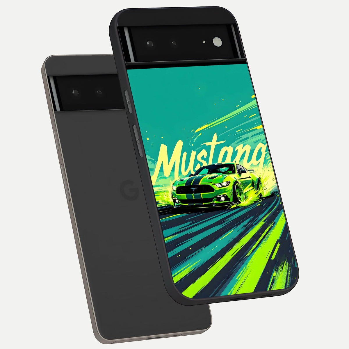  Mustang Bang phone case For Google Pixel 6A showing premium glass back cover with detailed artwork
