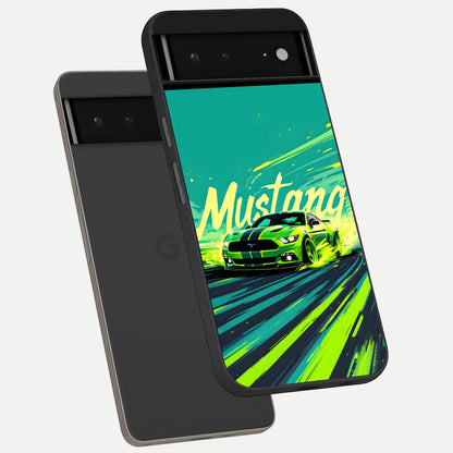  Mustang Bang phone case For Google Pixel 6A showing premium glass back cover with detailed artwork