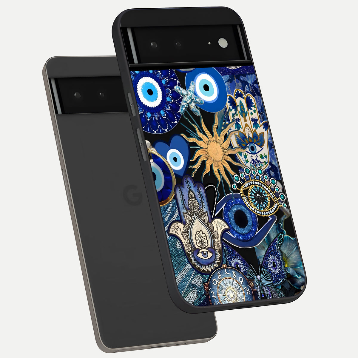 Mystic Blue Evil Eye phone case For Google Pixel 6A showing premium glass back cover with detailed artwork