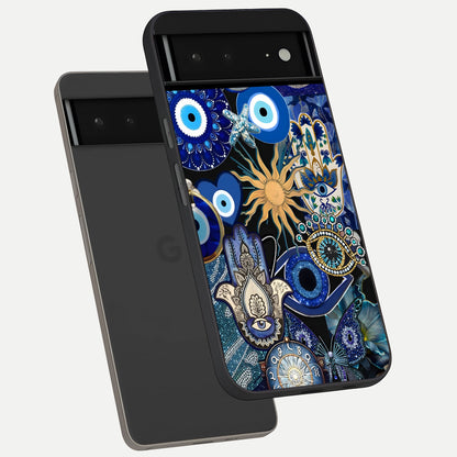  Mystic Blue Evil Eye phone case For Google Pixel 6A showing premium glass back cover with detailed artwork